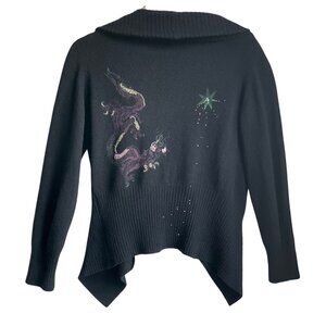 VTG Dinamita Black Cashmere Cardigan Dragon Beaded Asymmetric Goth Whimsy Y2K